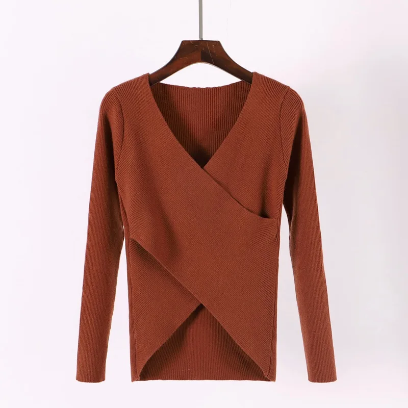 Coffee 1202 ONLYSVTER Sexy V Neck Wrap Women Pullover Sweaters Autumn Winter Long Sleeve Soft Casual Jumper Ribbed Knitted Pull Top Femme - Цвет: Coffee 1202