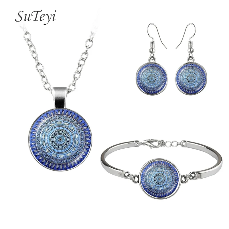 SUTEYI, модное ожерелье, серьги, браслет, ювелирный набор, мандала, цветок, хрустальное ожерелье, s, круглые стеклянные серьги, художественное изображение, браслеты - Окраска металла: 7