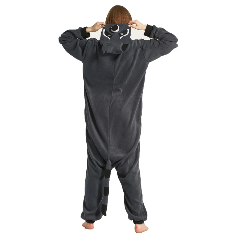 Прямая поставка серый черный Енот Onesie Kigurumi девушки Для женщин взрослых Пижама