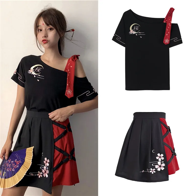 Sakura Floarl/женский комплект с вышивкой футболка открытыми плечами мини юбки Женский