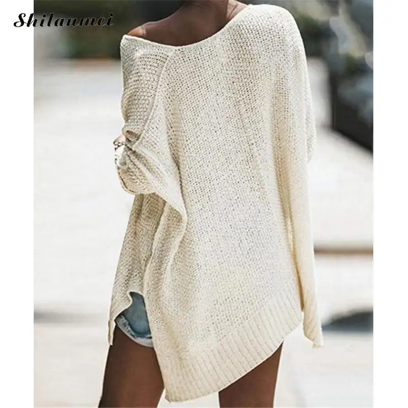 

Sexy off shoulder oversized knitted sweater Women black solid pullovers knitwear 2019 Autumn winter white jumper pull femme