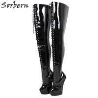 sorbern extreme high heel 85cm hard shaft hoof sole wedge platform fetish heelless lace up horse boot long custom color