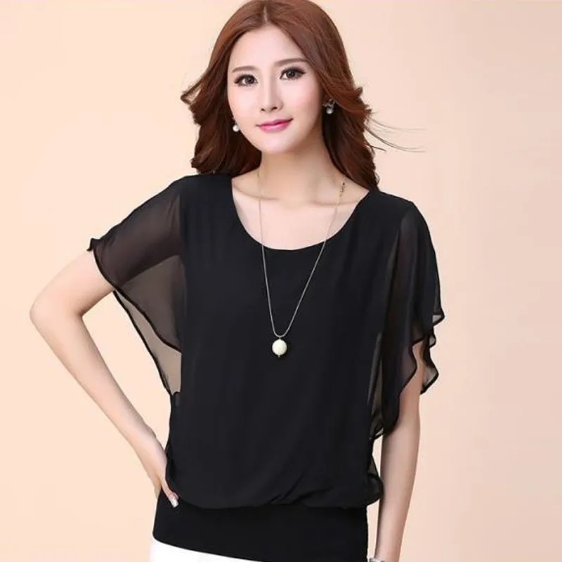 Женская шифоновая блузка с оборками и коротким рукавом летучая мышь|Блузки| |