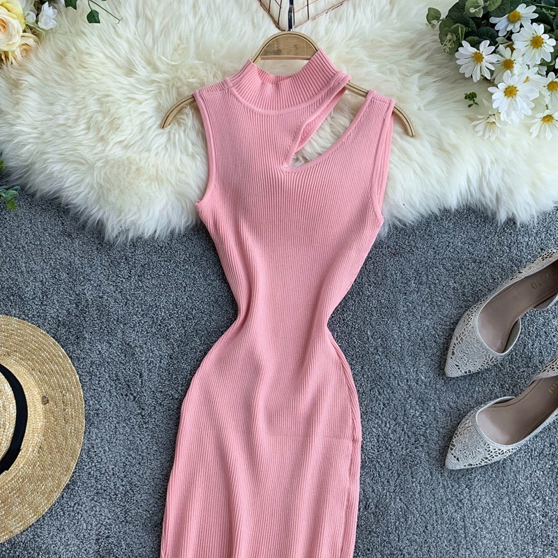 OCEANLOVE Knitted Sexy Dress Hollow Out Sleeveless High Waist Women Midi Dresses Summer Bodycon Retro Slim Vestidos 12431