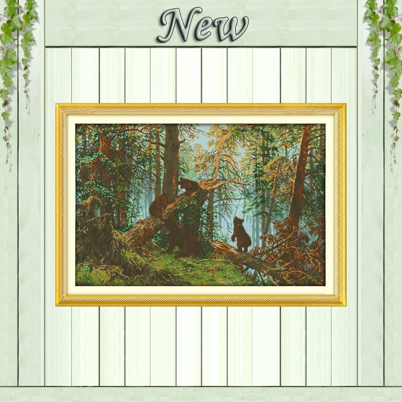 

Bears in The pine forest morning Scenery,Counted Printed on canvas DMC 11CT 14CT Cross Stitch kit,needlework Sets DIY embroidery