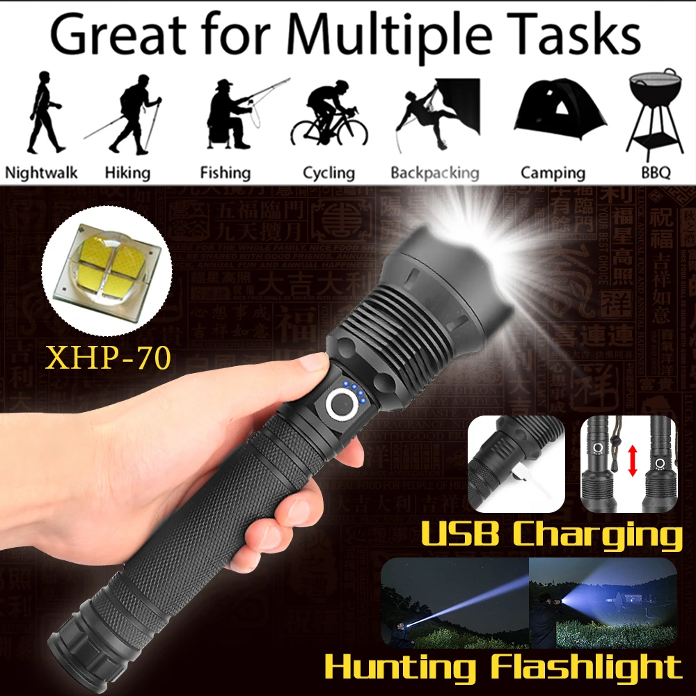 

7000 lumens Lamp xhp70.2 most powerful flashlight usb Zoom led torch xhp50 18650 or 26650 Rechargeable battery hunting