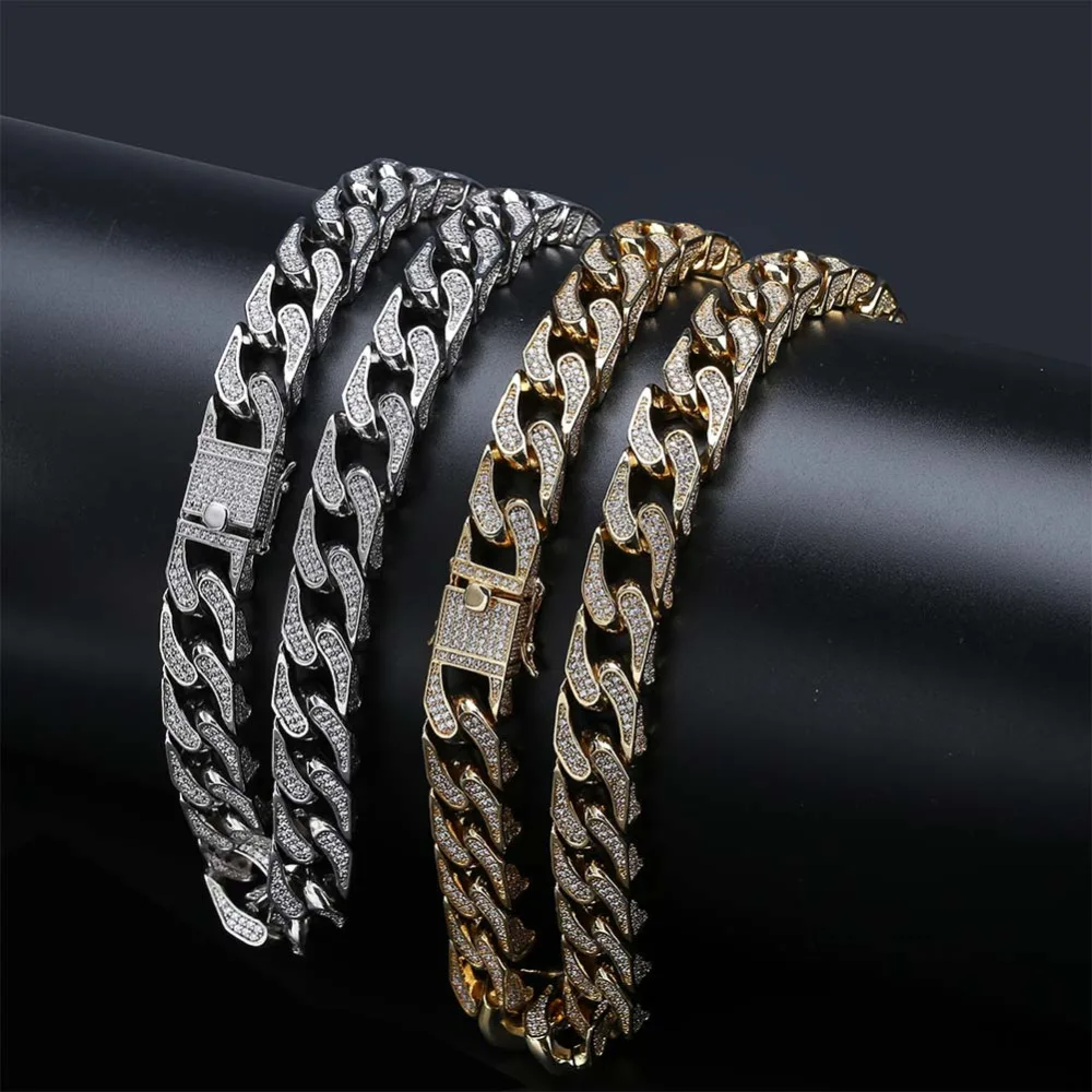JINAO Hip Hop Jewelry 16mm Miami Cuban Chain Micro Pave Cubic Zirconia Necklace Full Iced Out Chain Gold Silver Bling Male Gifts