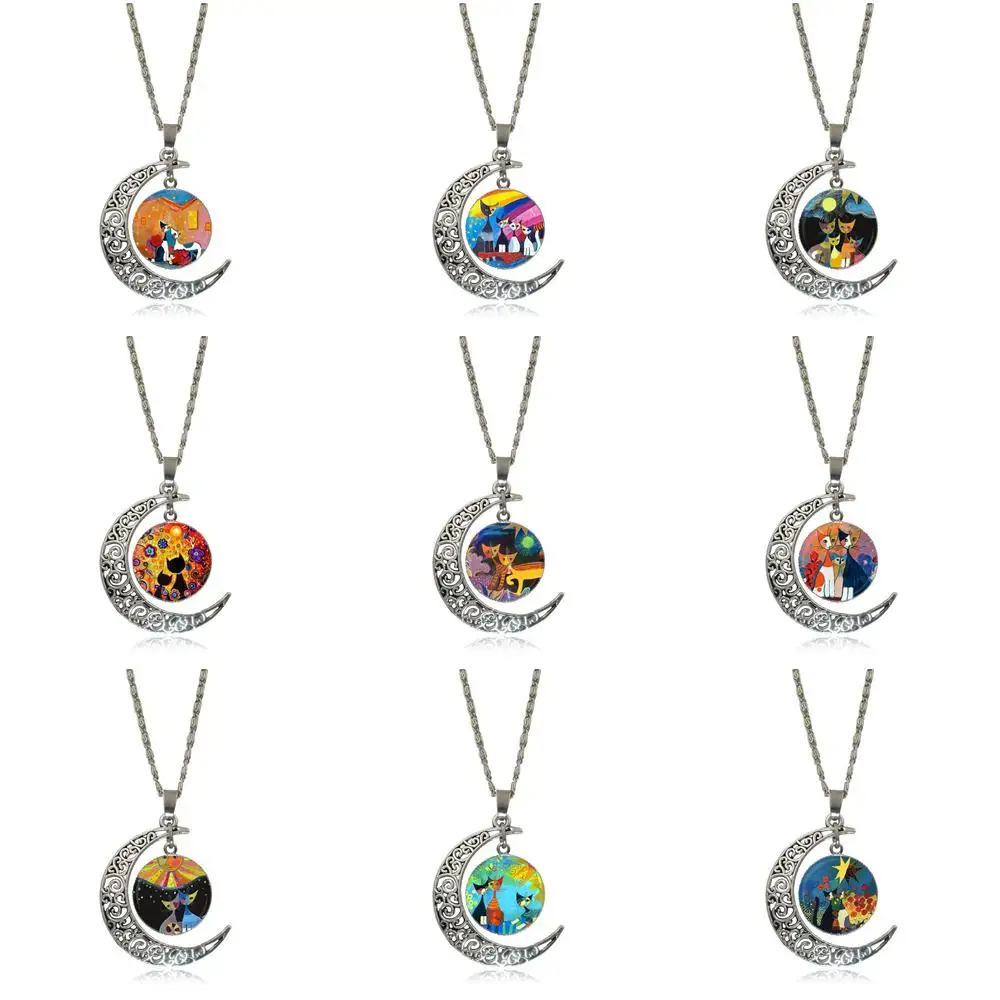 EJ Glaze Rosina Wachtmeister Cats Fashion Jewelry Vintage Glass Necklace With Crescent Moon For Girls Wholesale | Украшения и