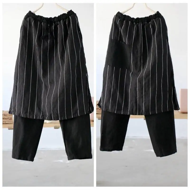 USWMIE 2020 Spring Trousers Women New Vintage Literature Joker Linen Elastic Waist Simple Personalized Comfort Wide Leg Pants