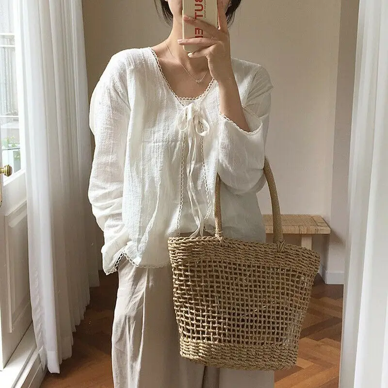 

Retro Handmade Women Straw Woven Beach Tote Fashion Summer Ladies Casual Holiday Wicker Shoulder Bag Shopping Handbag