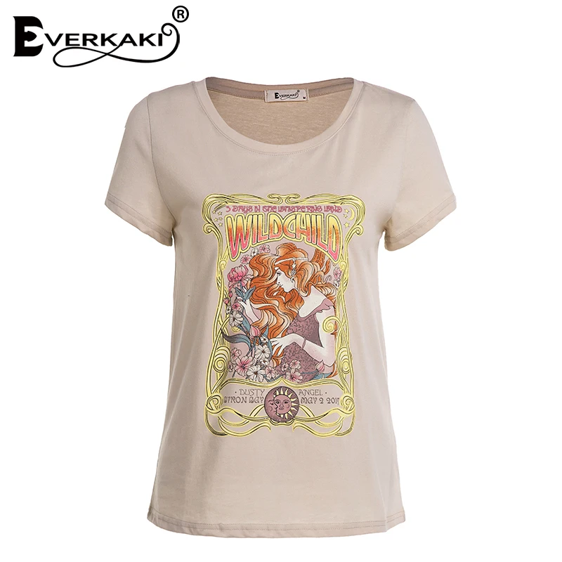 Everkaki Boho Gypsy Girl/футболка с принтом; топы из хлопка для диких детей; абрикосовый топ с круглым вырезом в богемном стиле; женские футболки; Новинка года; сезон весна-лето