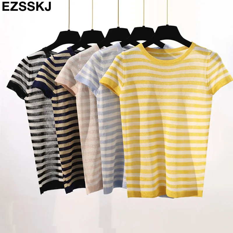 thin summer striped knit t-shirt Women short sleeve T-Shirt bling O-neck cool Glitter Basic t-shirt sexy shiny top