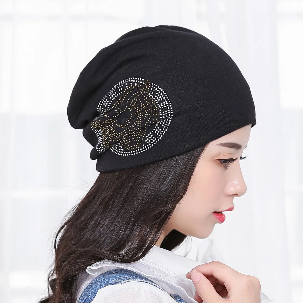 cheap promotion spring summer autumn winter women girl beauty beanies clear rhinestone star Pentacle luxury Skullies woman hats |