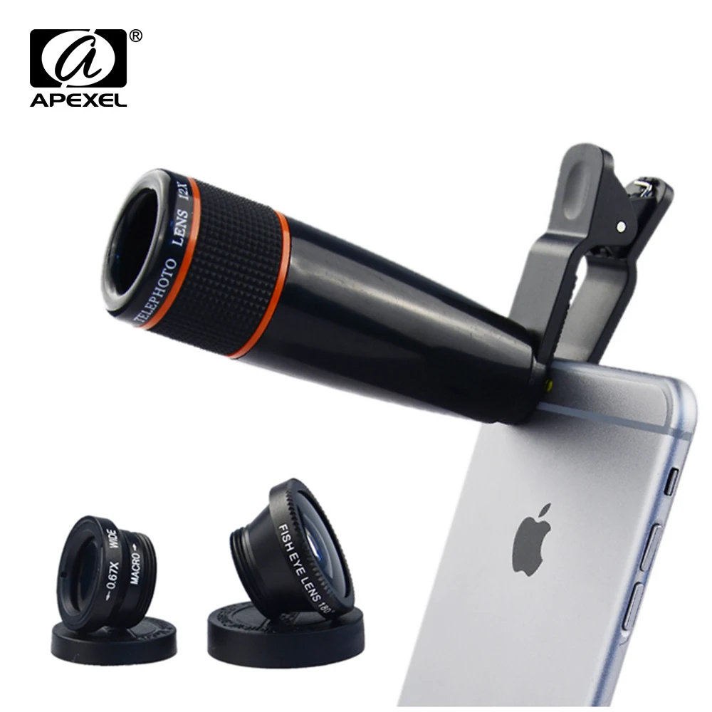 

4 in 1 Clip-On 12X Telescope Zoom Optical Lens with FishEye Lens and Macro&Wide Lens for iPhone 6S plus Samsung Xiaomi APL-12X85