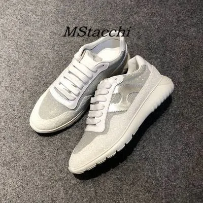 White silver sequins Mcacchi/женские кроссовки из коровьей кожи с блестками; женская повседневная обувь на шнуровке, визуально увеличивающая рост; женские разноцветные кроссовки на не сужающемся книзу массивном каблуке - Цвет: White silver sequins