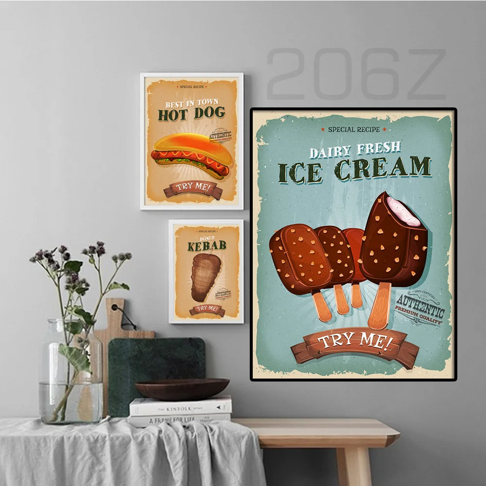 Шашлык, мороженое, горячая собака, закусочная. Печати на северный постер старинного холста для стены, картины, украшения кухни и ресторана.