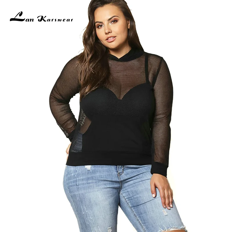 Lan Karswear 2018 Autumn Pullover Hoody Sexy Hollow Out Mesh Sweatshirts Women Hooded Casual Long Sleeve Black Short Crop Tops | Женская