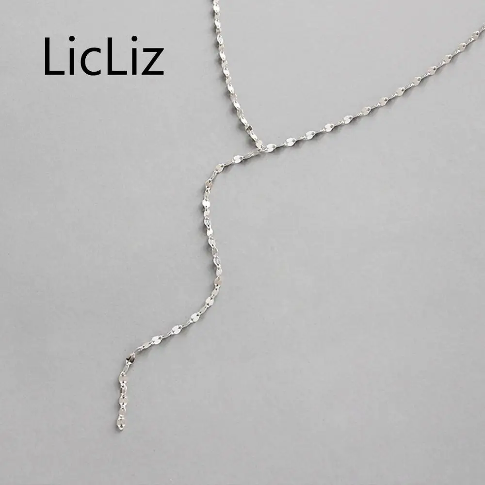 LicLiz, новинка, 925 пробы, серебряная, простая цепочка, ожерелье для женщин, белое золото, плитка, звено цепи, подвески на длинной цепи, LN0437
