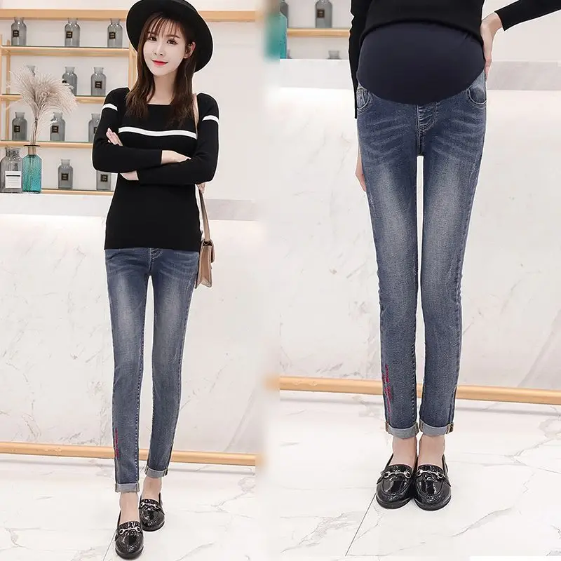 New mother embroidery pregnant women pants maternity wear casual feet lift stomach stretch denim | Мать и ребенок