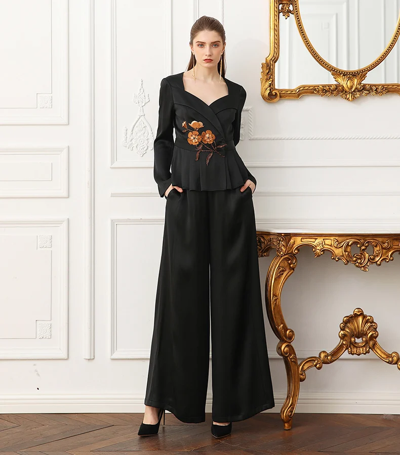 VOA плюс Размеры свободные тяжелый шелк Pantskirt Офисные женские туфли основной черный широкие штаны Для женщин середины талии Повседневное брюк K378