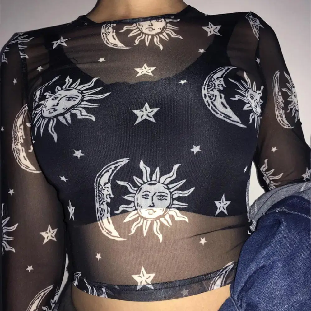 Transparent Shirt Blouse Women's Long Sleeve Works Moon Star Impression T-t-shirt Kamiseta Special Price | Женская одежда