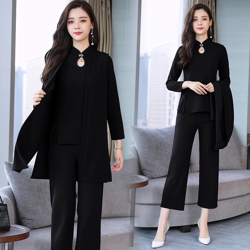 Autumn Winter 2018 Cotton Elegant Three Piece Set Women Long Coat + Sleeve Top Wide Leg Pants Loose Vogue Casual Suits | Женская одежда