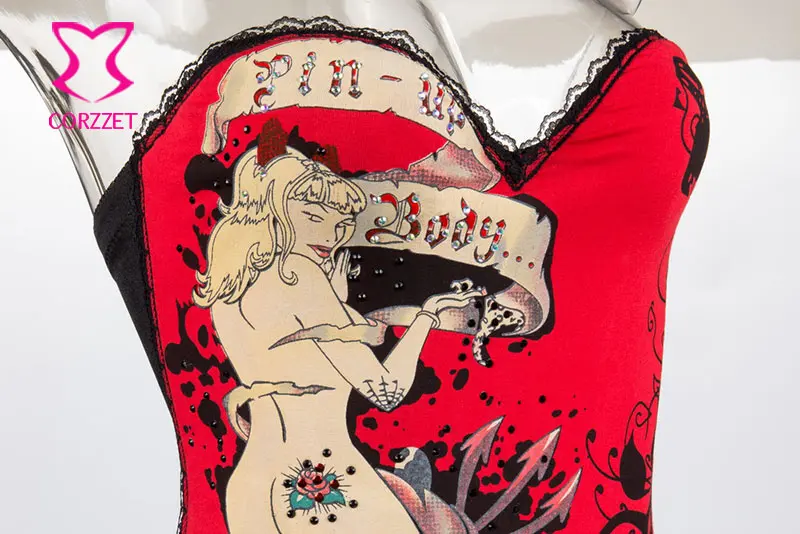 Сексуальные телесные женские красные хлопковые готические корсеты с принтом и