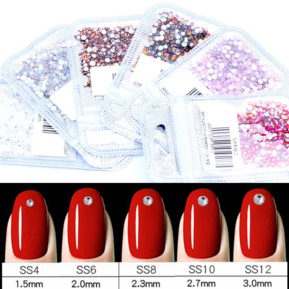 Nail Art Gems 400pcs Mix of SS4-SS12 Glass Flatback Crystals Non Hotfix Rhinestones For Nails 3D Decorations | Красота и здоровье