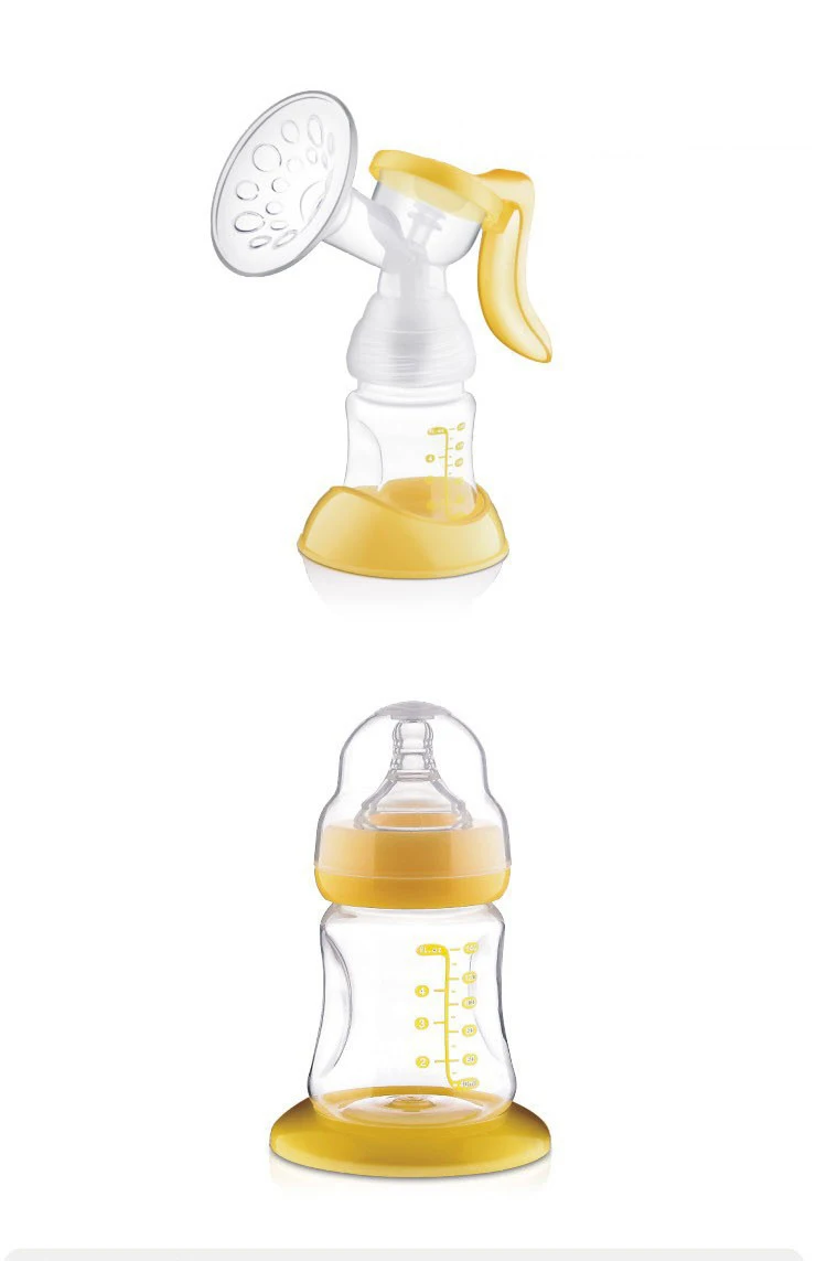 Желто-розовый совершенно новый ручной молочный насос оригинальной конструкции вместимостью 150 мл для кормления грудным молоком; сделан из силикона и пищевого полипропилена, не содержит бисфенола А. В комплекте бутылочка.