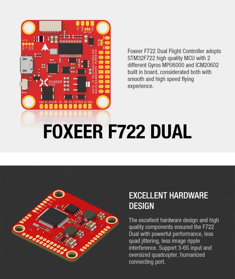 Контроллер Foxeer F722 AIO F7 с двумя полетами STM32F722RGT6 встроенный двойной гироскоп MPU6000 и