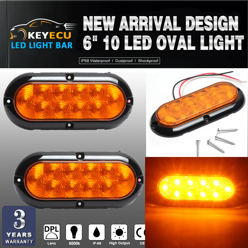 

KEYECU 2PCS Oval amber Stop Turn Tail Light Rubber 6 inch 10LED for Truck Trailer Bus Waterproof with 4screw holes for mounting
