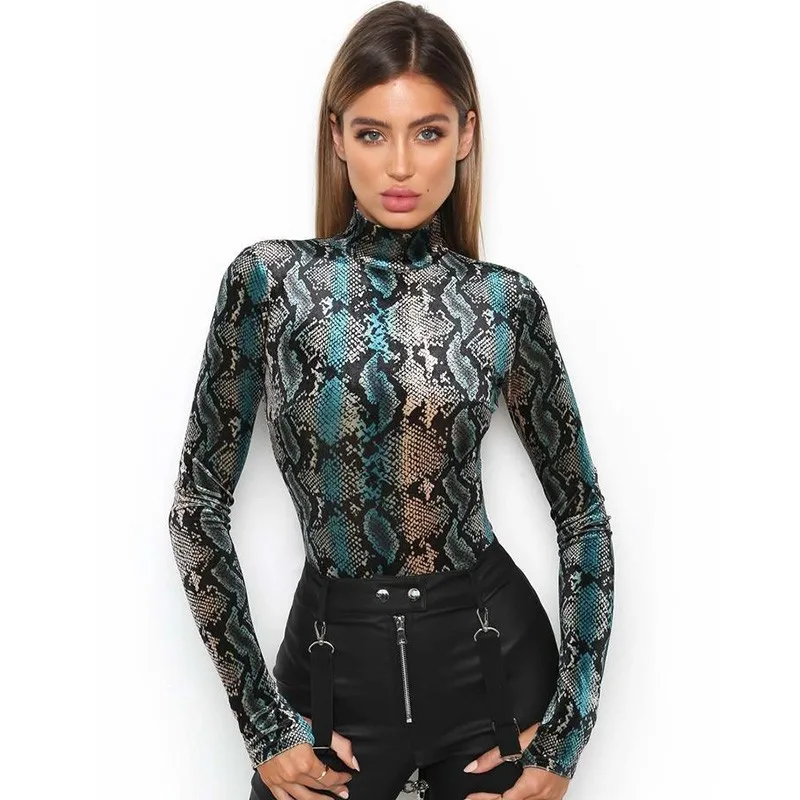 С длинным рукавом с принтом под змеиную кожу Пикантные высокой горловиной боди