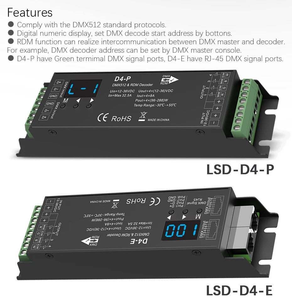 DC12-36V 4 канала 8А 1152 Вт постоянное напряжение DMX512& RDM декодер для светодиодных лент rgbw