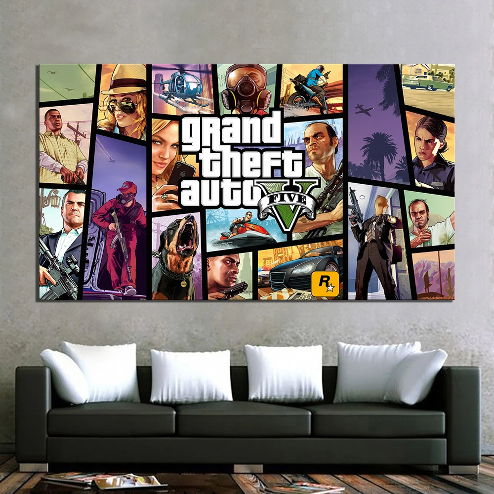 1 шт. HD мультфильм картина Grand Theft Auto V видео игры плакат живопись GTA 5 игры Художественная печать холст картины стены искусства