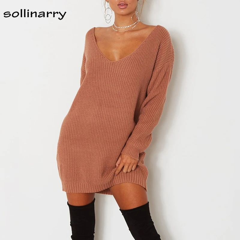 Sollinarry V Neck Off Shoulder Women's Knitted Sweater Dress Full Sleeve Long Casual Jumper Femme Pullover Autumn Winter Vestido | Женская