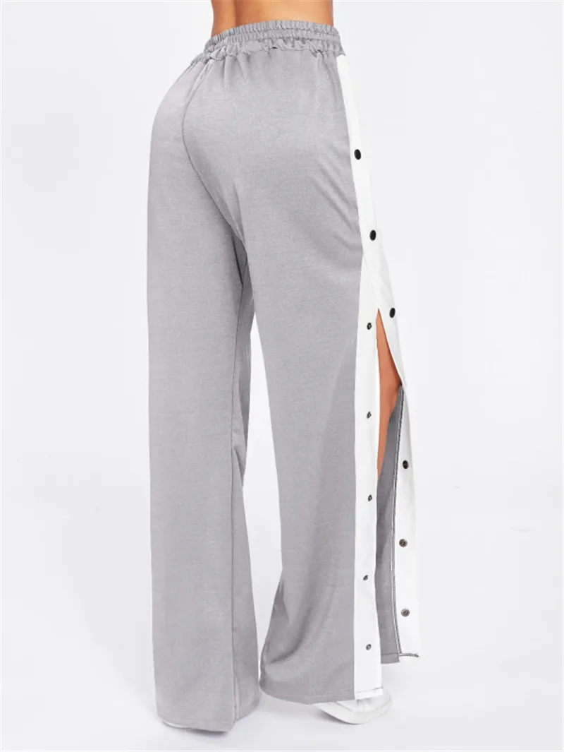 Black Colorblock Contrast Snap Button Side Pants Casual High Waist Crop Trousers Women Autumn Stretchy Athleisure Pants