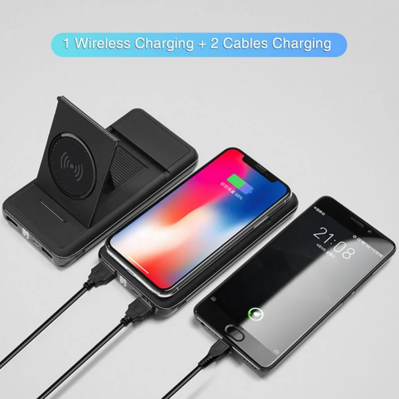 Qi беспроводной 20000 мАч портативный внешний аккумулятор 2USB lcd телефон быстрое зарядное устройство для iPhone Android с держателем телефона