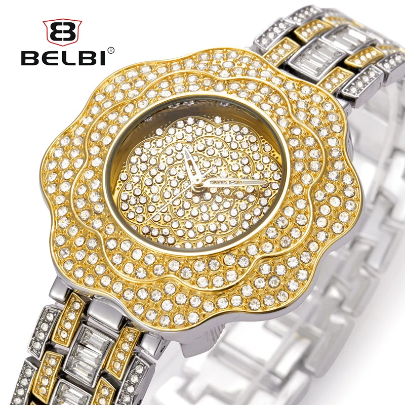 BELBI Модные женские Для женщин золотые часы 2018 Нержавеющая сталь горный хрусталь