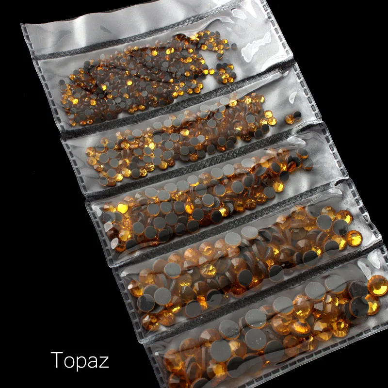 Topaz Новая упаковка 1200 шт смешанные размеры Горячая фиксация Стразы Блестящий Кристалл SS6-SS30 для одежды DIY - Цвет: Topaz