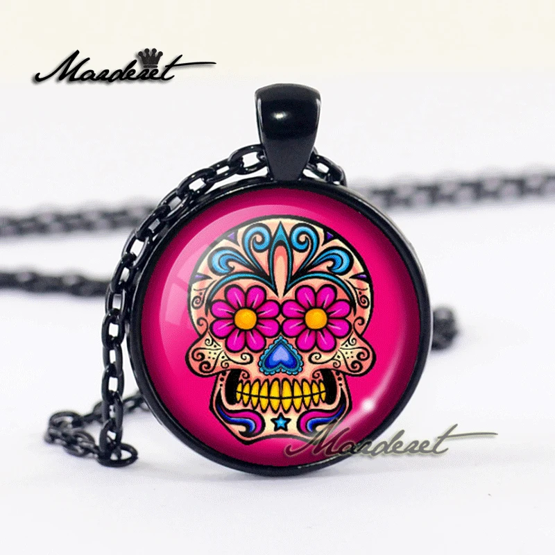 Maderet Gothic Sugar Skull Glass Cabochon Necklace Handmade Jewelry Dome Art Round Retro Pendant | Украшения и аксессуары