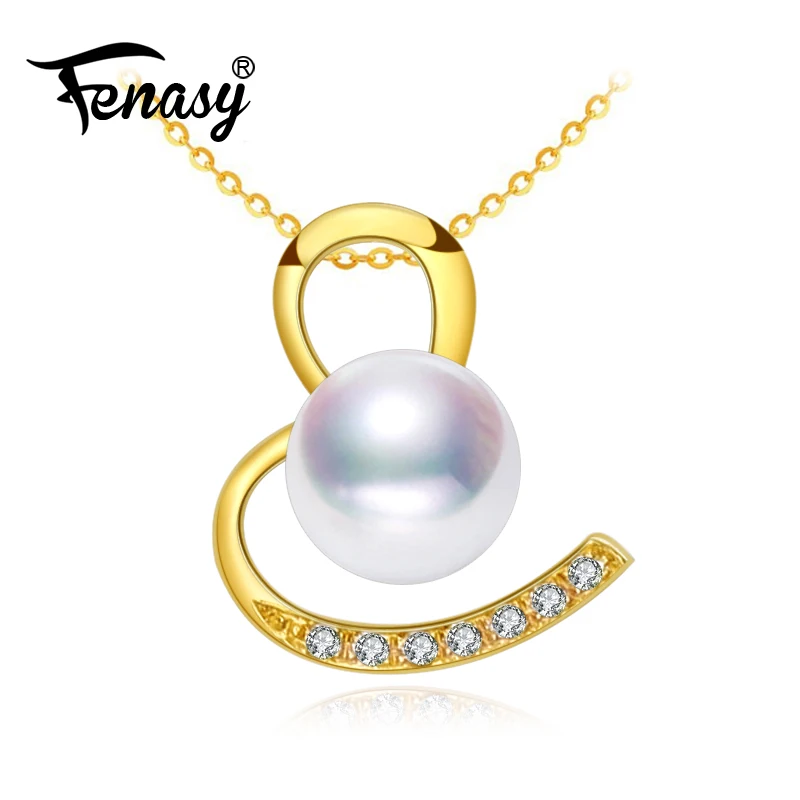 

FENASY 18K Gold Round Pearl Pendant Necklace For Women Fine Jewelry 18k Yellow Gold Necklace & Pendant For Lovers Heart Pendant
