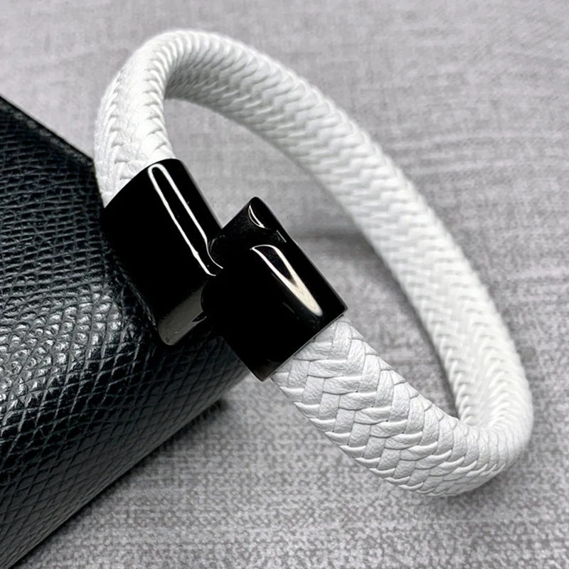 White Men Leather Bracelets Male Braided Wrist Band Fashion Stainless Steel Magnetic Clasp Charm Bangles Jewelry | Украшения и