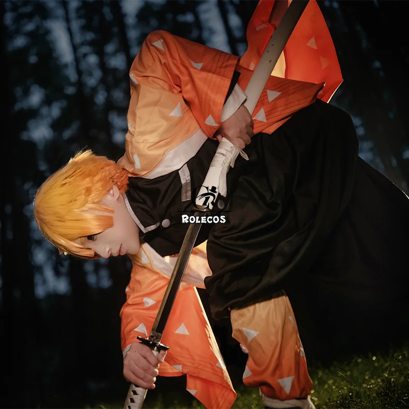 ROLECOS аниме Demon Slayer Косплей Костюм агатсума зенитсу Kimetsu no Yaiba Косплей Костюм мужской кимоно желтый Униформа полный комплект