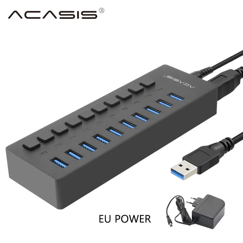 Acasis usb-хаб 3,0 10 портов супер скорость 5 Гбит/с Портативный USB 3,0 концентратор разветвитель с внешним адаптером питания ПК для аксессуаров