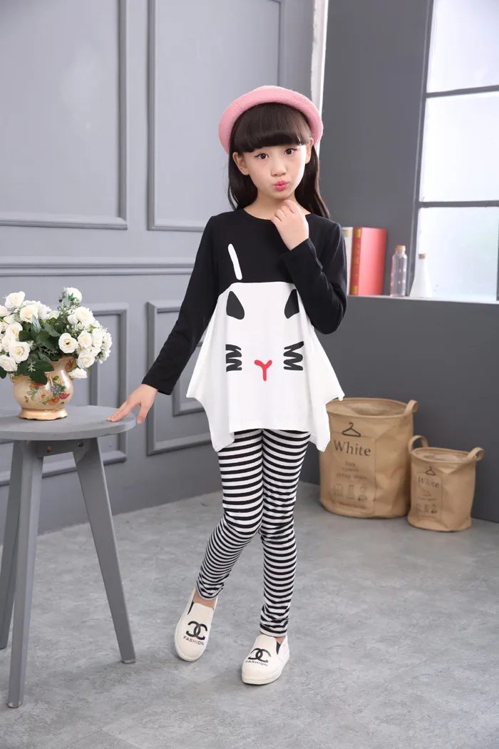 

Children Girls Clothing Sets Cottotn Autumn Full Sleeve T-shirt+Striped Pant Leggings Outfit Children Clothing Kids Clothes