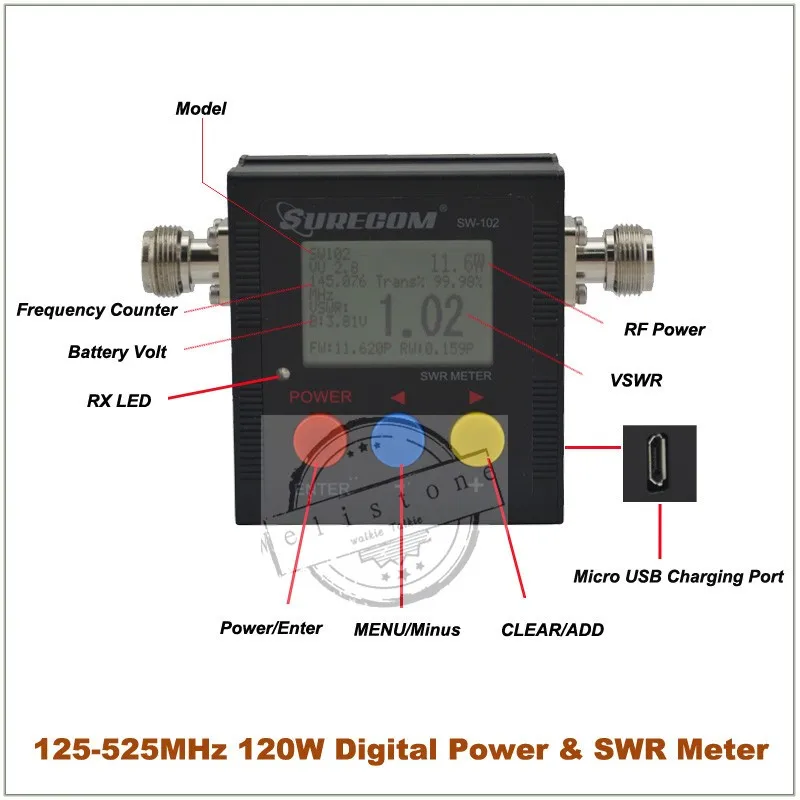 SURECOM SW-102 VSWR 1,00-19,9 цифровой VHF/UHF 125-525 МГц мощность и КСВ метр для двухсторонней радиостанции Ham Walkie Talkie J6510A