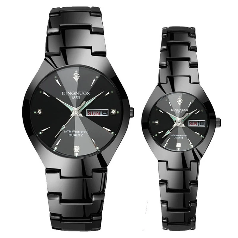 Couple Black Black Couple Watches for Lovers Kingnuos Brand Quality Quartz Wrist Watch Men and Women Watches Date Week Luminous Display Pair Hours - Цвет: Couple Black Black