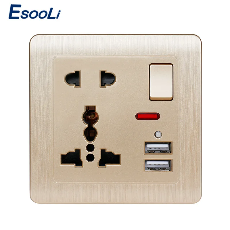 Esooli настенная розетка 13A универсальная 5 отверстий переключаемая 2.1A двойной usb