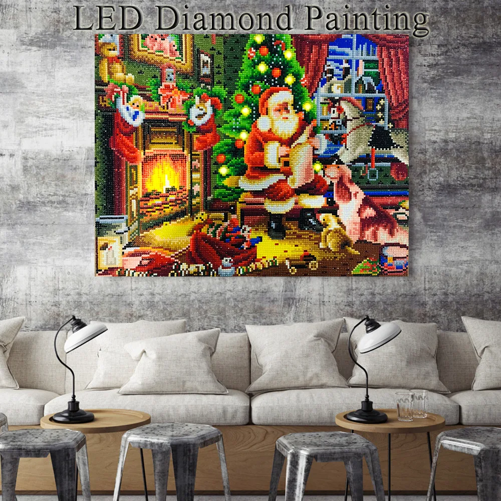 

HUACAN Christmas Diamond Painting LED Light Diamond Mosaic Santa Claus Diamond Embroidery Round Drill With Frame 40x50cm