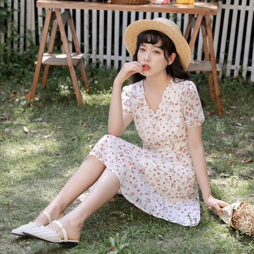 French Flower Dresses 2019 Summer Vintage Knee-length A-line Elegant Mori Girl Print Woman Cloth V-neck Dress | Женская одежда